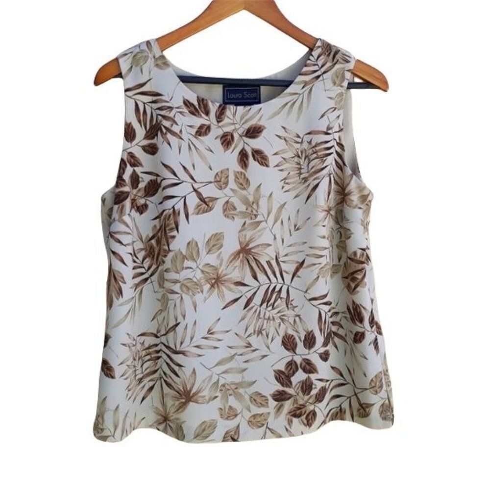 Vintage Laura Scott Sleeveless Scoop Neck Top Neutral‎ Botanical Leaf Print Sz M